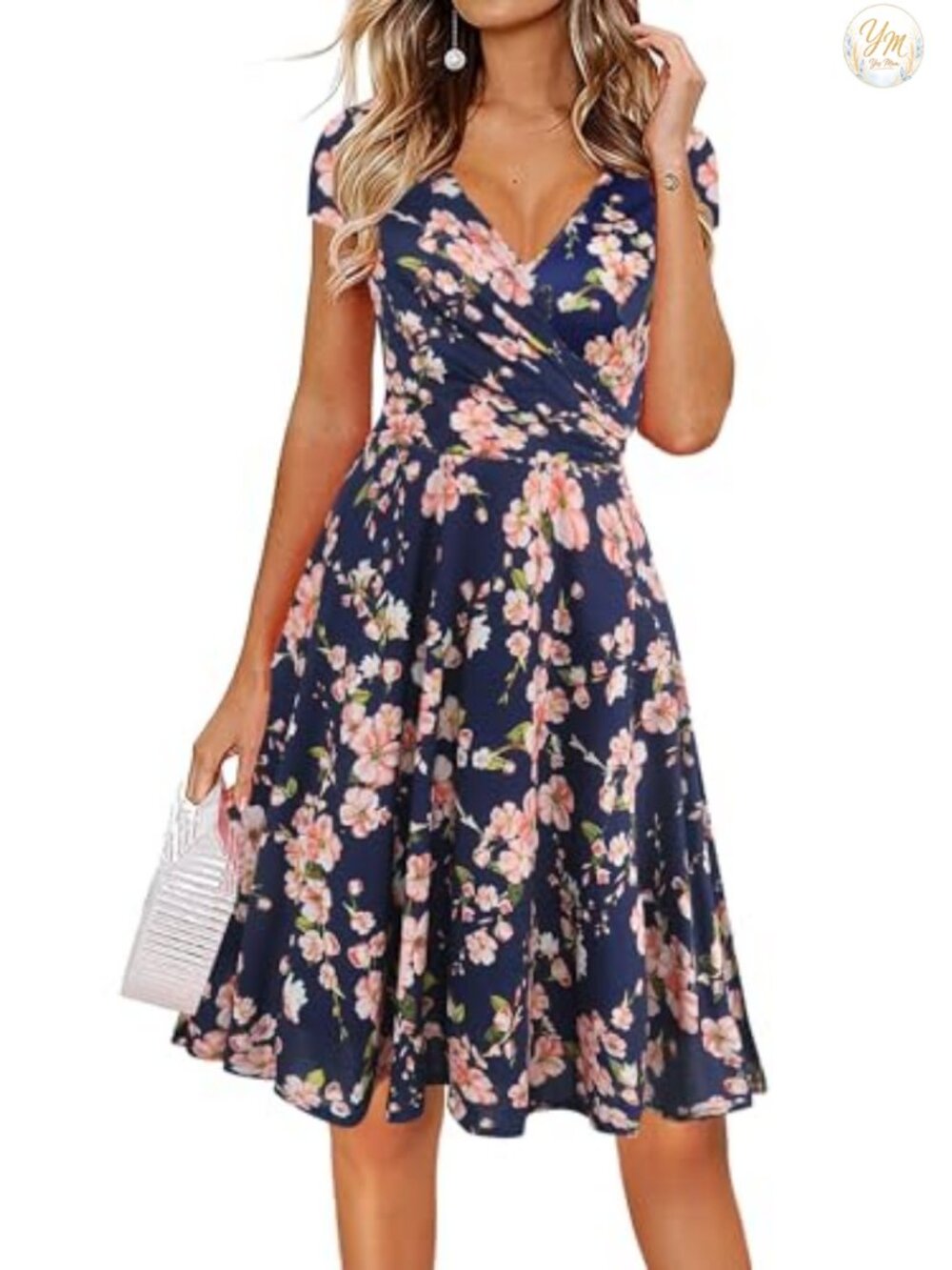 Cap Sleeve V-Neck Floral Fit & Flare Knee-Length A-Line Dress